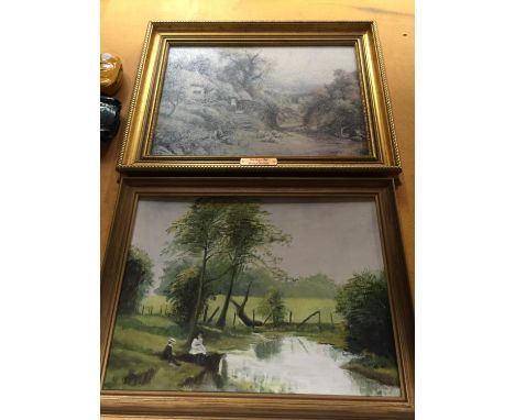 A FRAMED OIL ON BOARD OF A RIVER SCENE AND A PRINT OF A COTTAGE 