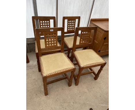 FOUR MID 20TH CENTURY ROBERT 'MOUSEMAN' THOMPSON DINING CHAIRS WITH LATTICE BACKS - LOTS 2001 TO 2006 WERE PURCHASED BY THE V