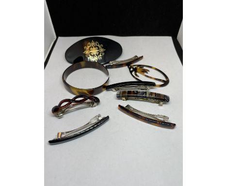 VARIOUS TORTOISE SHELL STYLE HAIR CLIPS, BANGLE AND PENDANT 