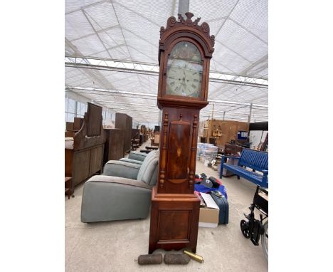 A 19TH CENTURY MAHOGANY AND INLAID EIGHT-DAY LONGCASE CLOCK WITH PAINTED ENAMEL DIAL, HAVING SCENES OF WALES, IRELAND, SCOTLA