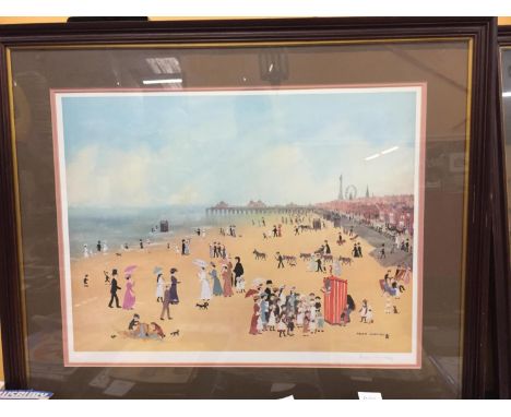 A FRAMED SIGNED HELEN BRADLEY PRINT TITLED 'BLACKPOOL SANDS WITH PUNCH AND JUDY SHOW' 84CM X 70CM 