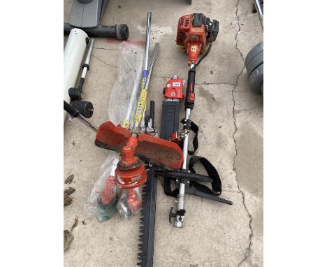 A TRIUMPH GARDEN MULTI TOOL WITH A HEDGE CUTTER HEAD, CHAINSAW ATTATCHMENT AND THREE STRIMMER HEADS 