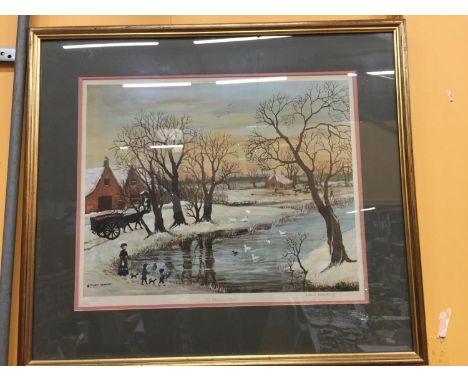 A FRAMED SIGNED HELEN BRADLEY PRINT TITLED 'OUR CHRISTMAS DUCKS' 70CM X 64CM 