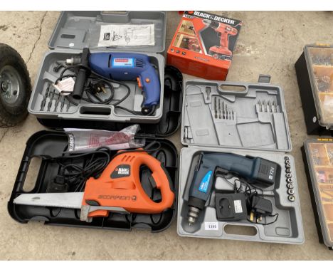 AN ASSORTMENT OF POWER TOOLS TO INCLUDE A BLACK AND DECKER SAW, A BLACK AND DECKER DRILL AND A CHALLANGE DRILL ETC 