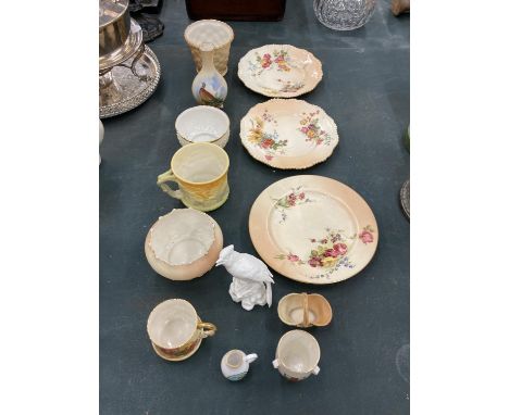 A COLLECTION OF BLUSH IVORY ITEMS TO INCLUDE ROYAL WORCESTER PLATES, SMALL BASKET AND CUP, PLUS LOCKE &amp; CO WORCESTER BOWL