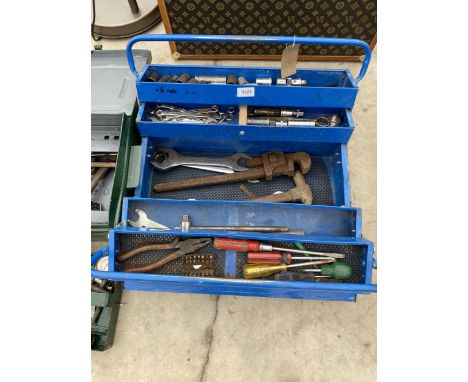 A BLUE METAL TOOL BOX WITH AN ASSORTMENT OF TOOLS TO INCLUDE SPANNERS AND SOCKETS ETC 