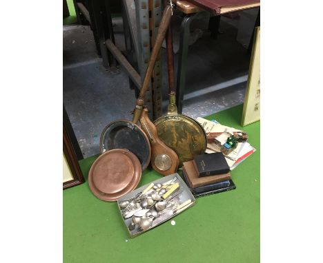 A COPPER WARMING PAN, BRASS WARMING PAN, VINTAGE FLATWARE, BAROMETER, MUSIC, RECORDER, BOOKS, ETC 