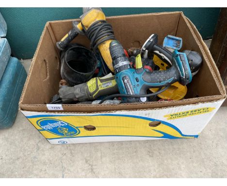 AN ASSORTMENT OF POWER TOOLS TO INCLUDE A MAKITA DRILL, A DEWALT ANGLE GRINDER AND A DCEWALT DRILL ETC 