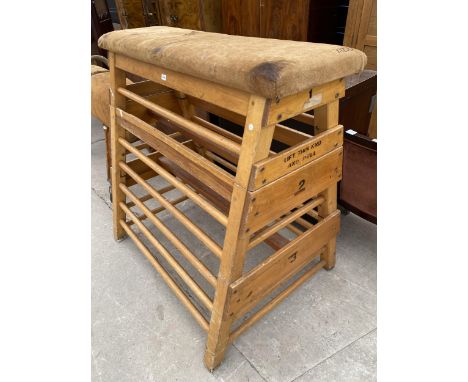 A VINTAGE THREE TIER VAULTING HORSE, 53X38" MAX WITH SUEDE TOP 