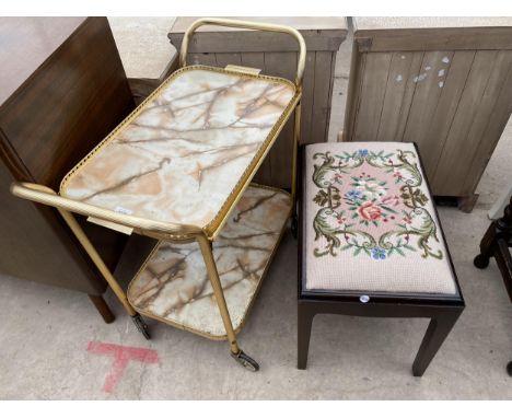 A 1970'S METALWARE TWO TIER TROLLEY AND STAG STYLE STOOL WITH TAPESTRY TOP 