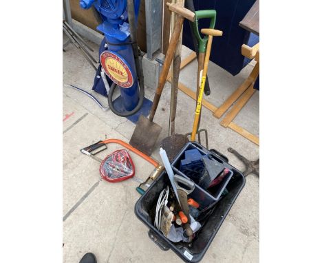 AN ASSORTMENT OF TOOLS TO INCLUDE A SPADE, A FORK AND JUMP LEADS ETC 