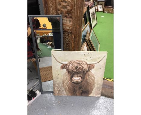 A PRINT ON CANVAS OF A HIGLAND COW 60CM X 60CM PLUS A FRAMED GREY WALL MIRROR 93CM X 31CM 