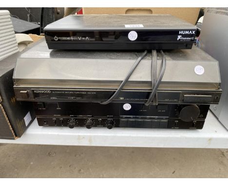AN ASSORTMENT OF ITEMS TO INCLUDE A KENWOOD RECORD PLAYER AND A KENWOOD AMPLIFIER ETC 