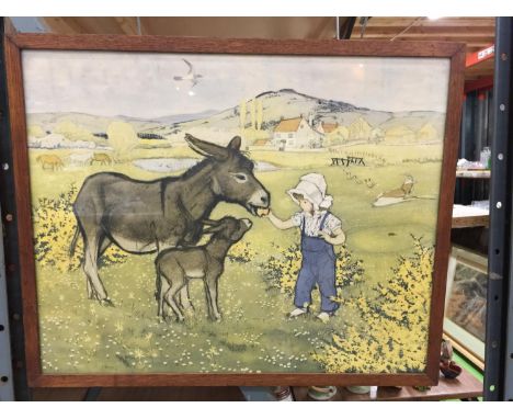 A FRAMED MOLLY BRETT PRINT OF A GIRL AND DONKEYS 59CM X 48CM 