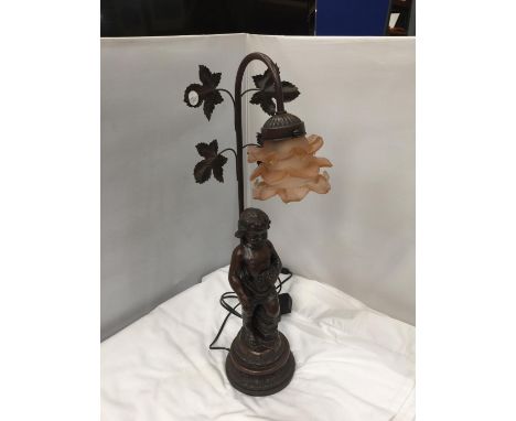 A RESIN LAMP BASE WITH YOUNG GIRL AND LEAF DESIGN WITH PINK FLUTED GLASS SHADE 
