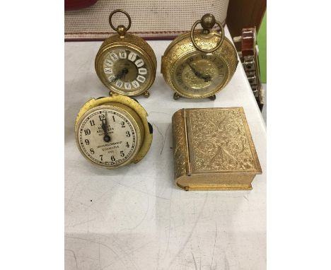 FOUR CLOCKS TO INCLUDE A BLESSING WEST GERMAN ALARM CLOCK, A GOLDBUHL GERMAN ALARM CLOCK, THE SERVIS RECORDER ETC 