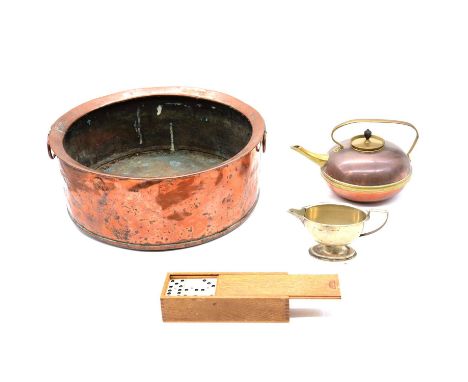 Copper pan, circular form, two ring handles, diameter 40cm, kettle, barometer, plated milk jug and a barometer/thermometer.