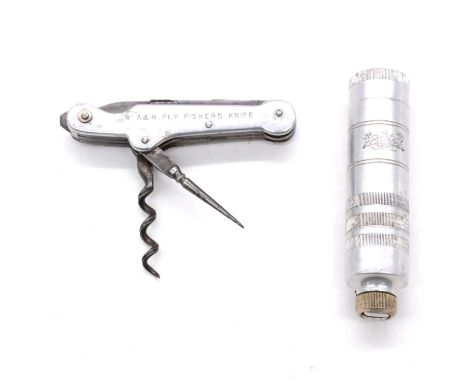 Hardy Bros vintage sportsman's tool kit, alloy body with screw base containing four steel attachments, stamped marks, the cas