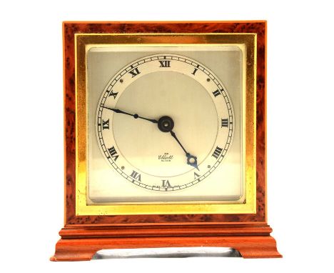 Elliott mantel clock, birdseye maple and walnut case, square silvered dial, 14cm.