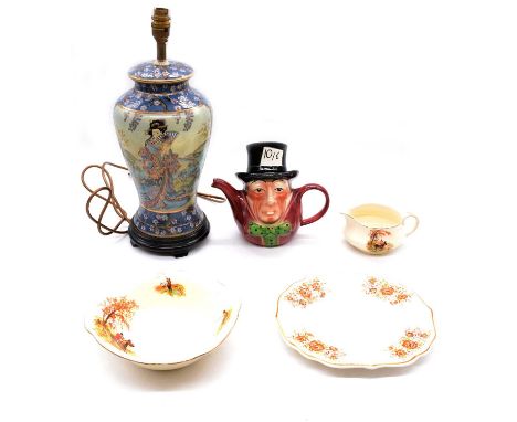 Alfred Meakin part dinner service, Fishing and Hunting scenes, teapot, tureen, and a modern Chinese table lamp, 44cm.