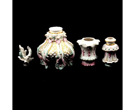 Continental porcelain hanging light, sectional form, with scrolled leaf cap design, in pink and green against a white ground,