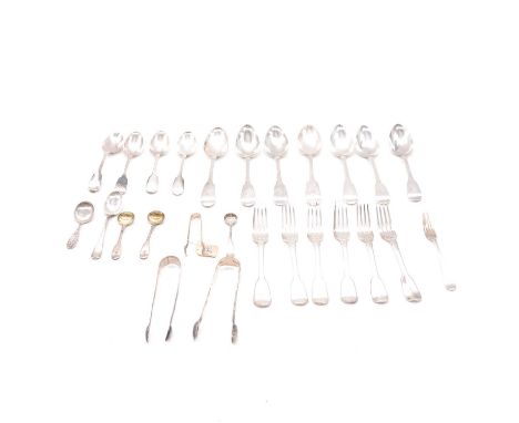 Quantity of silver cutlery, including matched part canteen of silver fiddle pattern cutlery, various dates and makers, sugar 