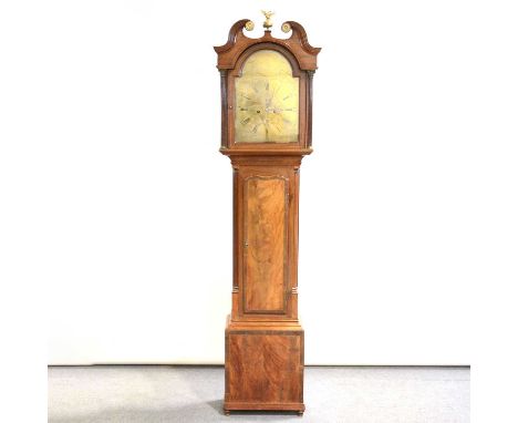 Scottish mahogany longcase clock, hood with swan neck pediment and eagle finial, Corinthian column supports, trunk with long 