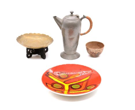 Mixed ceramics and glass, to include Poole Pottery Delphis wares; Quimper wares; Delft wares; pewter jug; brasswares, silver-