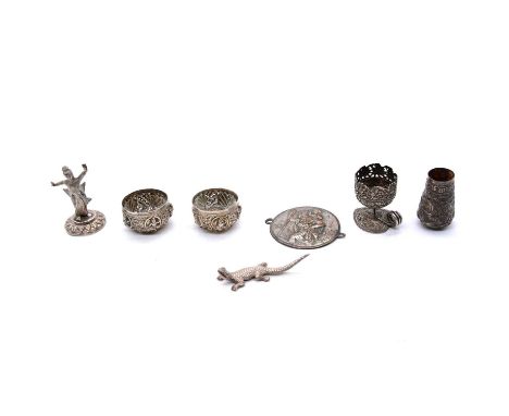 Collection of Continental white metal, including a set of six toddy cups, pair of Chinese white metal salts, pair of Indian w