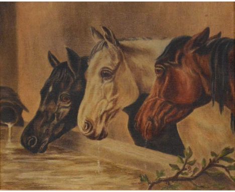 Monogrammist DC, Horses at water trough, oil on canvas, monogram and dated 1916, 19.5x24cm.