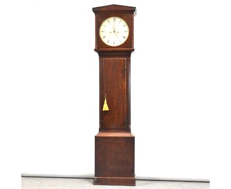 Scottish mahogany longcase clock, the hood with architectural pediment, trunk with long door and on a plinth base, circular p