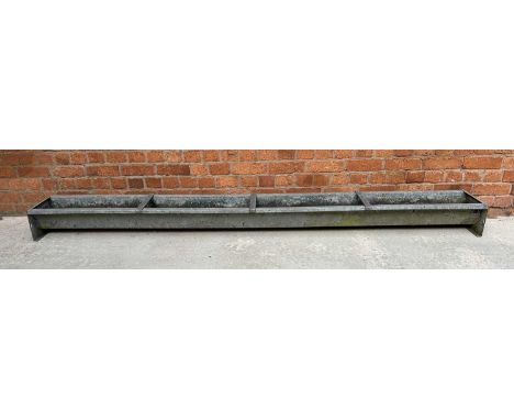 Large galvanized trough, serving as a planter, length 274cm, width 33cm, height 20cm.