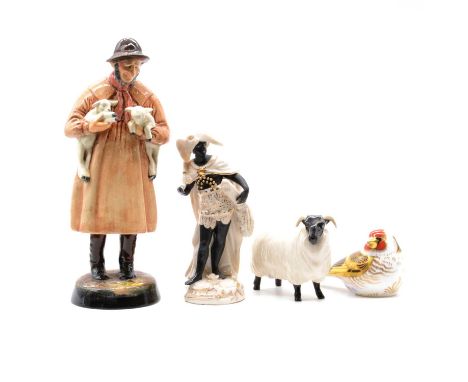 Two Royal Worcester figures, Ye Prison Basket and Ye Rat Killer, 18cm, restored, three Continental porcelain figures, Royal D