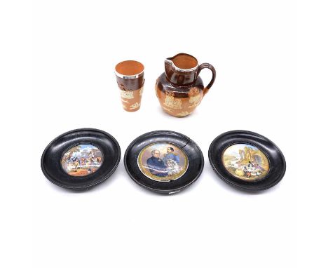Doulton stoneware jug and beaker with silver rims (differing hallmarks), and three Prattware pot lids in ebonised frames.Qty: