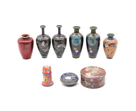 Small collection of cloisonne, including pair of slender neck vases, decorated with butterflies on a sparkled ground, 16.5cm,