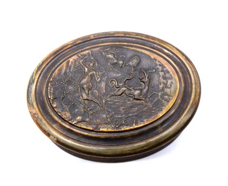 Georgian horn snuff box, oval, the lid with pressed decoration of Perseus &amp; Andromeda, 10.5cm.Condition report:Rubbing to