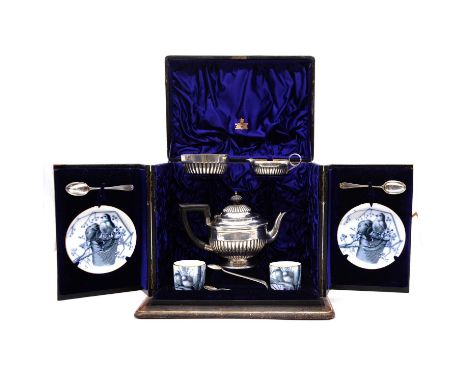 Mappin &amp; Webb cased tea for two set, including a silver three piece tea set, Sheffield 1888, semi-gadrooned, the teapot w