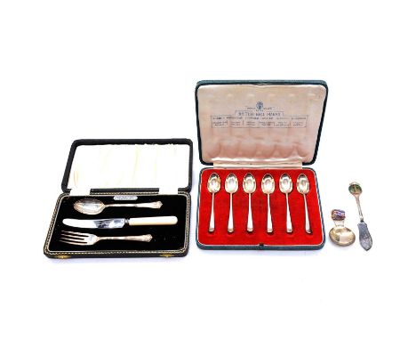 Set of six silver teaspons, 1935 British hallmarks, cased, silver fork and spoon, silver plated caddy spoon, Melbourne 1956 O