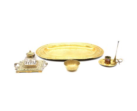 Victorian brass inkstand, with moulded glass well, 24cm, antique oval tray engraved with a dragon, candlesticks and metalware