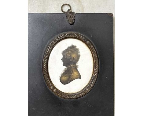 Pair of 19th century portrait silhouettes, ebonised frames, Miers London label verso, the gentleman named Chales Bowell in pe