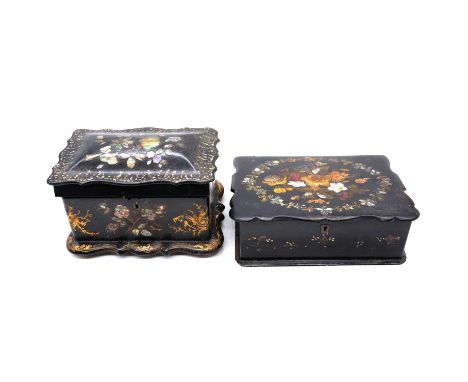 Victorian paper mache writing slope, inlaid and painted decoration, 26cm, paper mache tea caddy a damaged box (in parts).