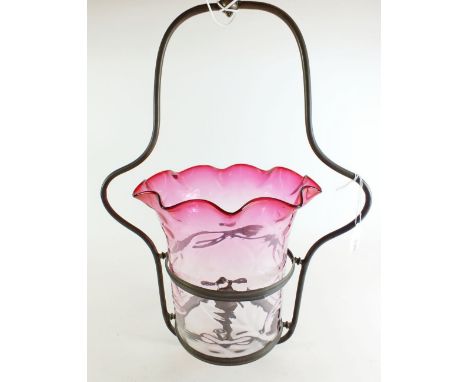A late 19th century gas hanging lamp with a cranberry glass shade - shade measures 22cm high