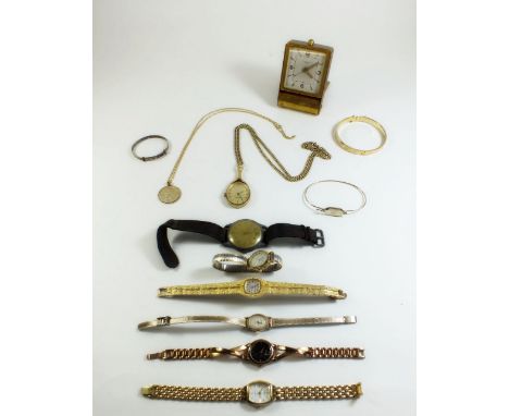 A box of ladies wrist watches and a Jaeger alarm clock