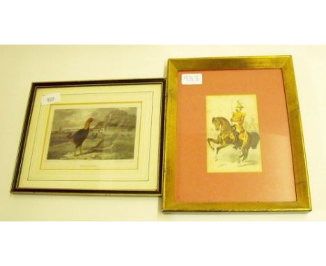 A 19th century colour print of a 19th century Cavalry soldier, and a coloured engraving game birds