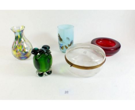 A collection of five glass items including an art glass frog, trinket box, bowl and two vases