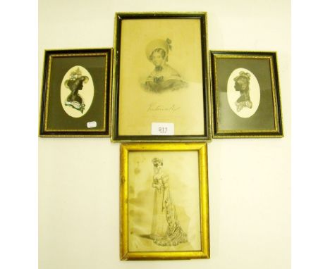 A print of Queen Victorian after Costello 18 x 11cm, a fashion print and two watercolour silhouettes by D G Johns