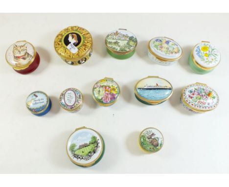 A group of twelve Halcyon Days and Staffordshire enamel trinket boxes