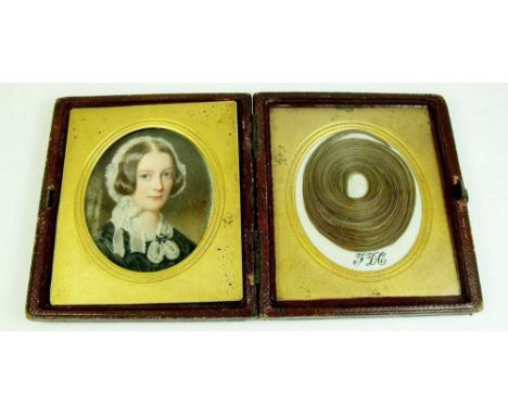 William Egley (1795 - 1870) watercolour portrait miniature of Mrs G Turner c.1850 - in folding frame with lock of hair to ver