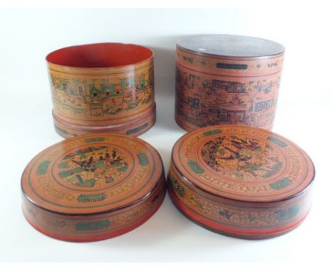A Burmese red lacquer 'Kun It' storage box painted garden terraced decoration with figures and script