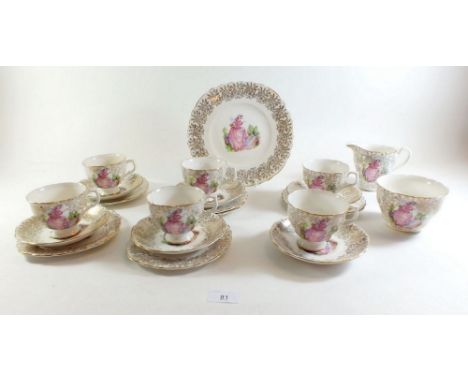 A vintage tea service printed crinoline lady comprising six cups and saucers, six tea plates, cake plate, milk and sugar
